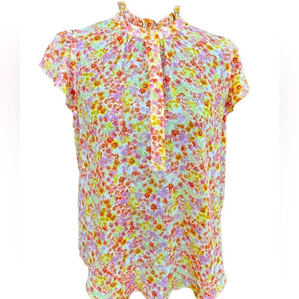 Alex & Lili floral button front sleeveless blouse w/ stand up ruffle collar sz M